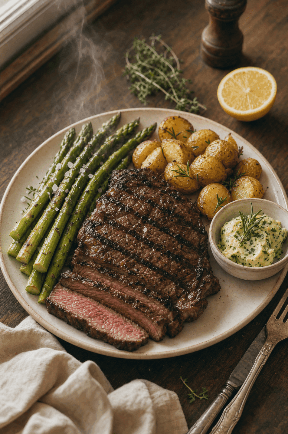 Gegrilltes Rindersteak mit grünem Spargel, Rosmarinkartoffeln und Kräuterbutter — saisonales Spargel-Gericht.