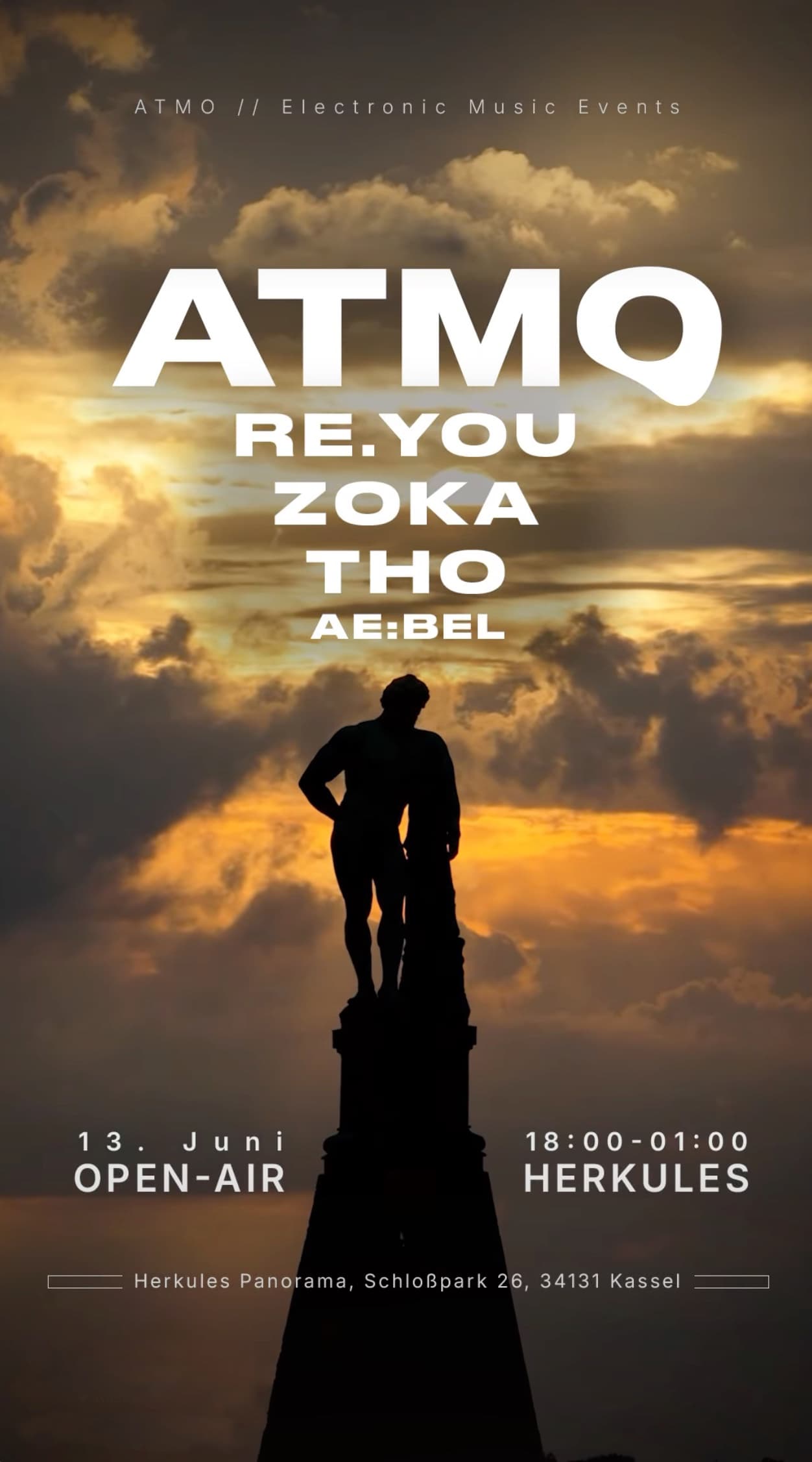ATMO Open-Air-Plakat: 13. Juni, 18 bis 01 Uhr am Herkules in Kassel, mit Re.You, Zoka, Tho und Ae:bel.