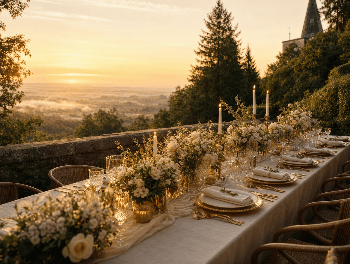 Festlich gedeckte Hochzeitstafel auf der Panorama-Terrasse mit Kerzen und Aussicht im Hintergrund.