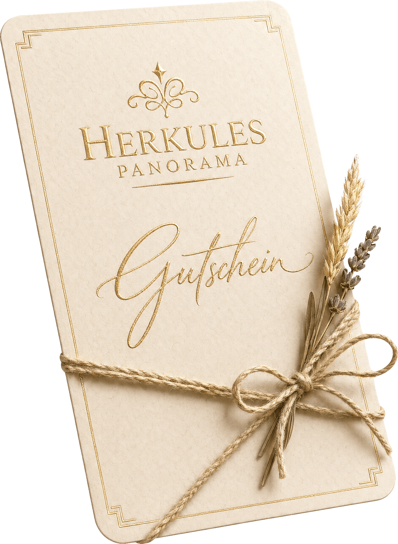 Geschenkgutschein vom Herkules Panorama, transparenter Mockup auf cremefarbenem Hintergrund.