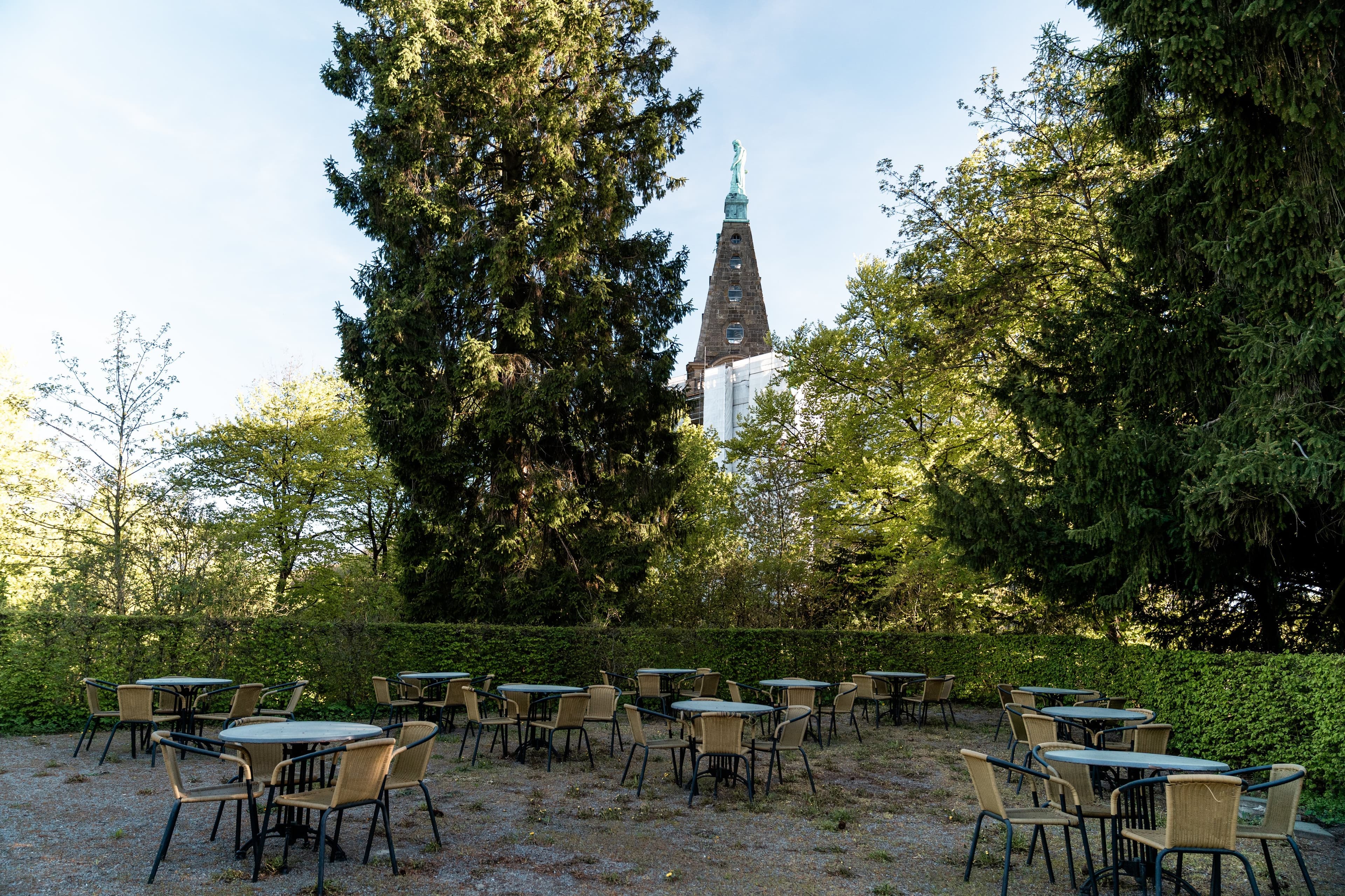 Restaurant-Tisch mit Leinendecke und Vase mit Trockengräsern, warmes Vormittagslicht, im Hintergrund unscharf die Aussicht über Kassel.